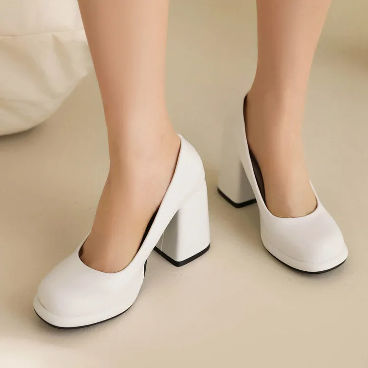 Women's Candy Color Square Toe Shallow Block Chunky Heel Platform Pumps