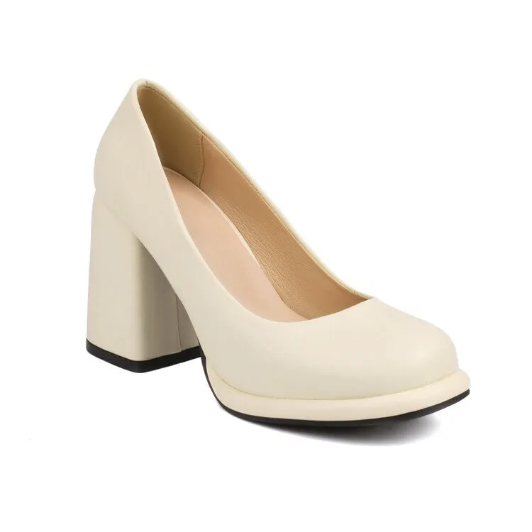 Women's Candy Color Square Toe Shallow Block Chunky Heel Platform Pumps