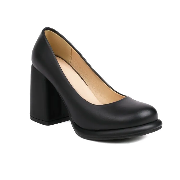 Women's Candy Color Square Toe Shallow Block Chunky Heel Platform Pumps