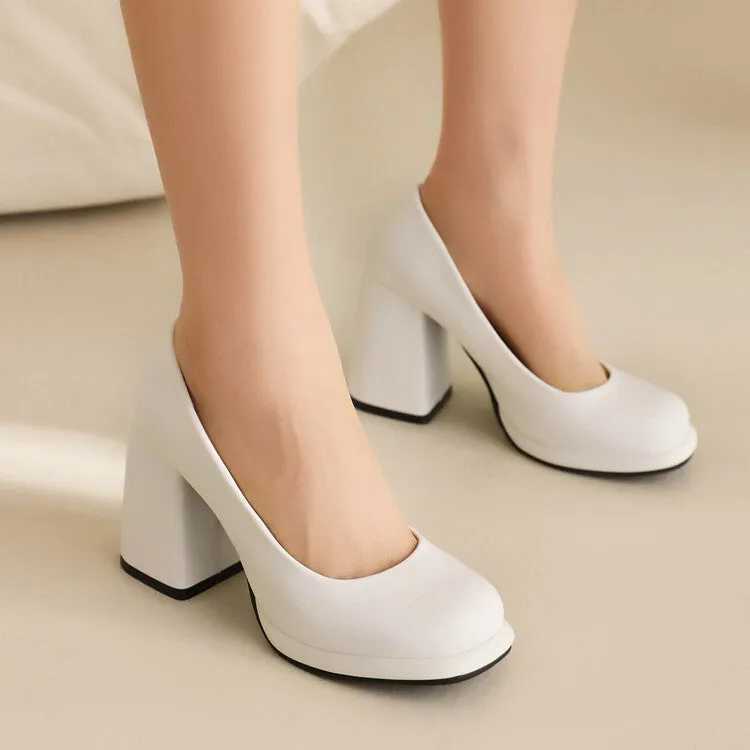 Women's Candy Color Square Toe Shallow Block Chunky Heel Platform Pumps