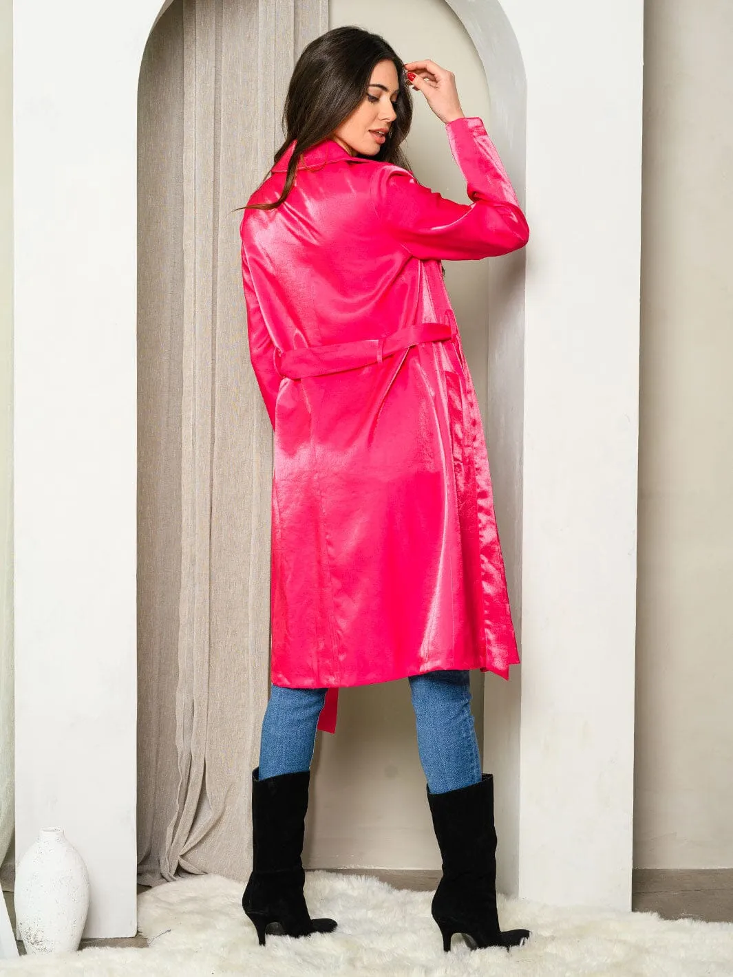 WOMEN'S LONG SLEEVE BUTTON UP SELF TIE POCKETS TRENCH COAT