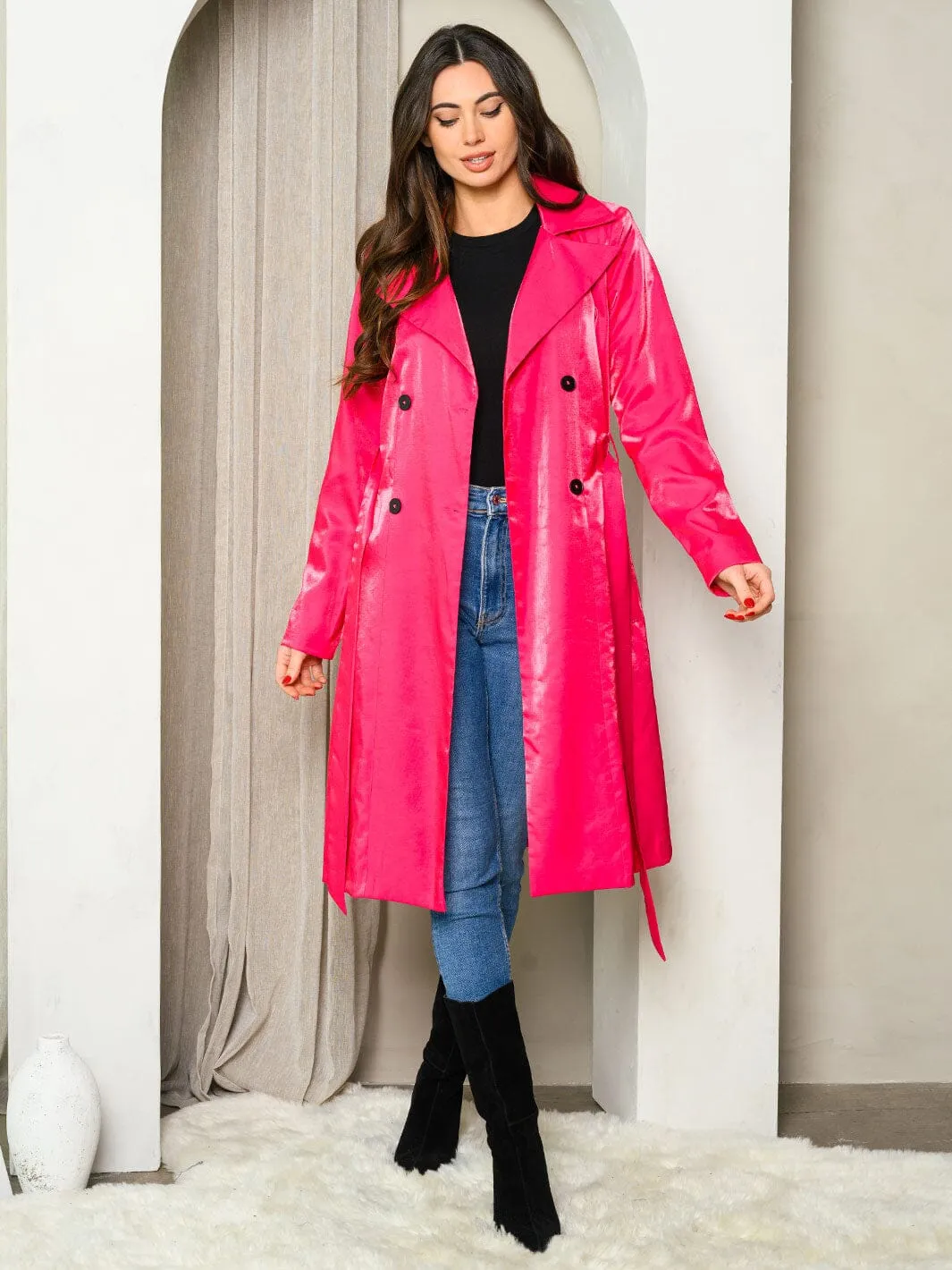 WOMEN'S LONG SLEEVE BUTTON UP SELF TIE POCKETS TRENCH COAT