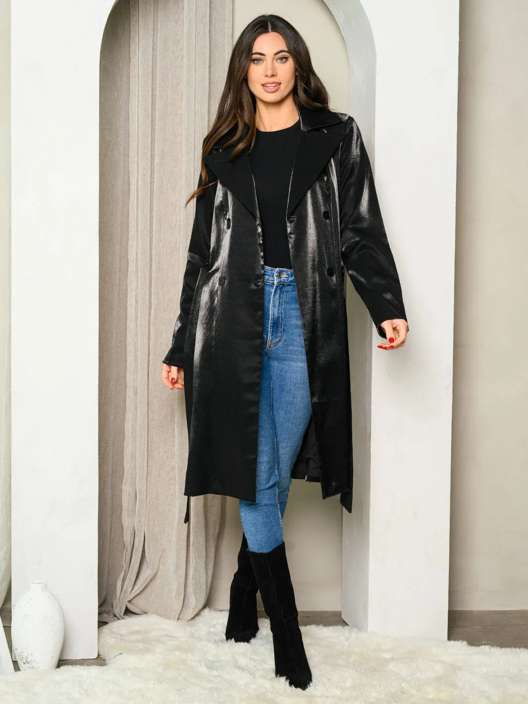 WOMEN'S LONG SLEEVE BUTTON UP SELF TIE POCKETS TRENCH COAT