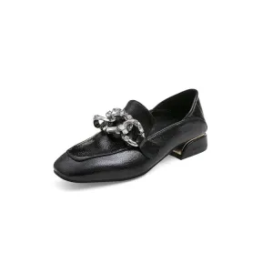 Women's Pumps Pu Leather Square Toe Metal Chains Decor Puppy Heel Shoes