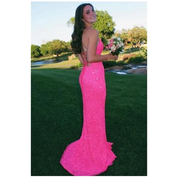 Women’s red long open back sequin dress with slit