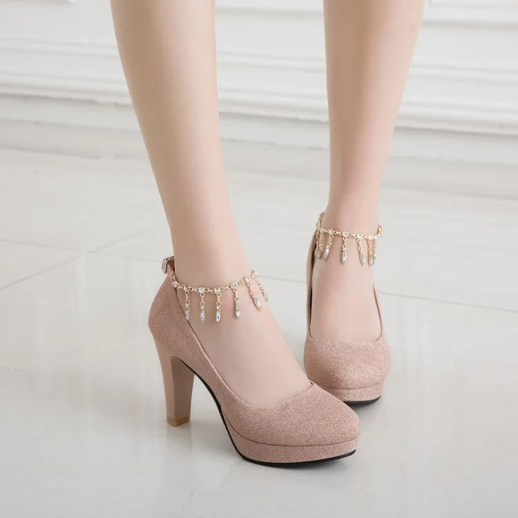 Women's Rhinestones Sequins Tassel Ankle Strap Block Heel Platform Wedding Pumps
