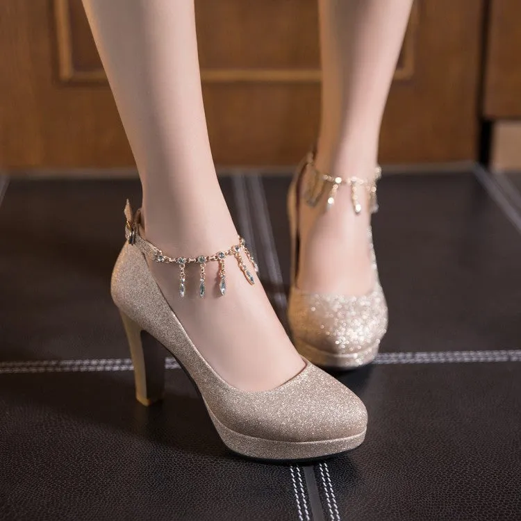 Women's Rhinestones Sequins Tassel Ankle Strap Block Heel Platform Wedding Pumps