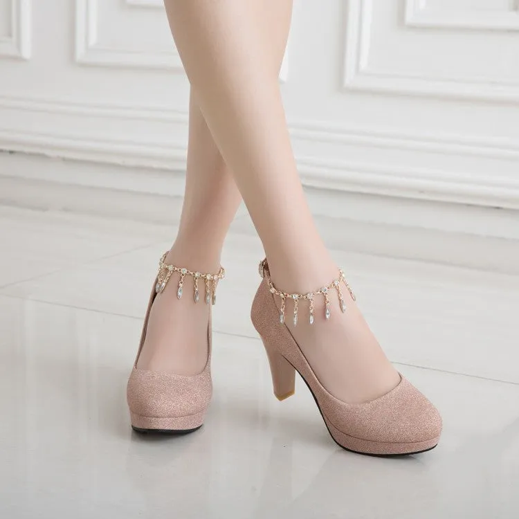 Women's Rhinestones Sequins Tassel Ankle Strap Block Heel Platform Wedding Pumps