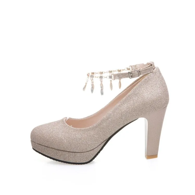 Women's Rhinestones Sequins Tassel Ankle Strap Block Heel Platform Wedding Pumps