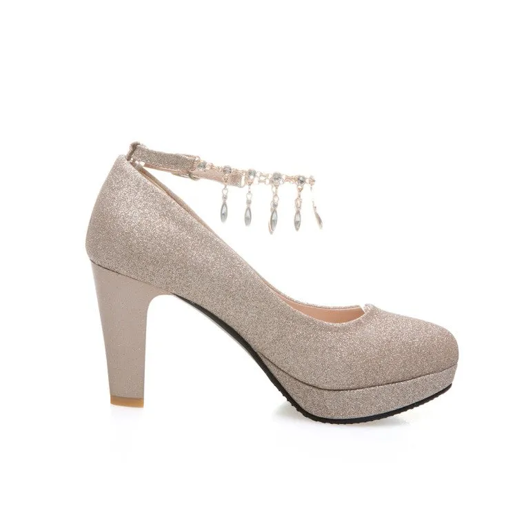 Women's Rhinestones Sequins Tassel Ankle Strap Block Heel Platform Wedding Pumps