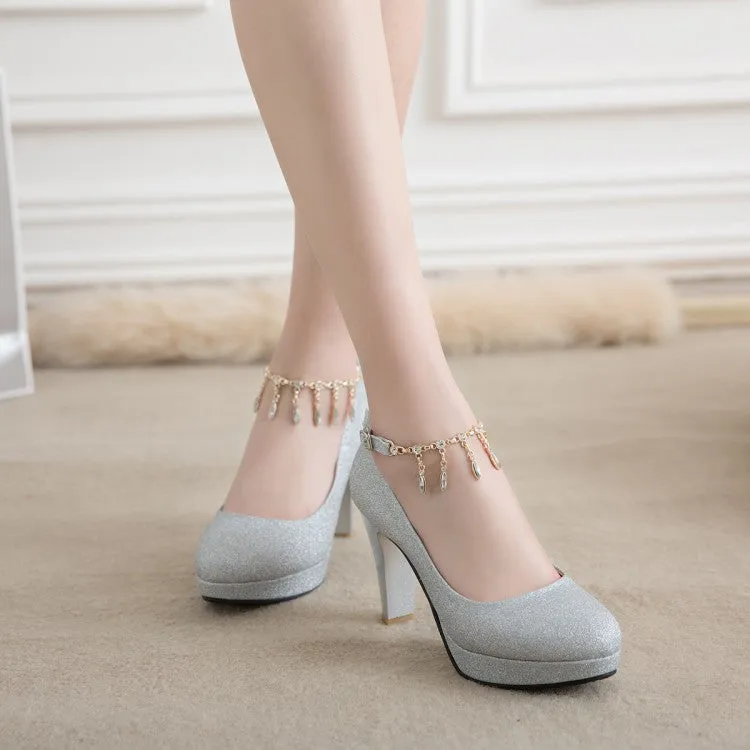 Women's Rhinestones Sequins Tassel Ankle Strap Block Heel Platform Wedding Pumps