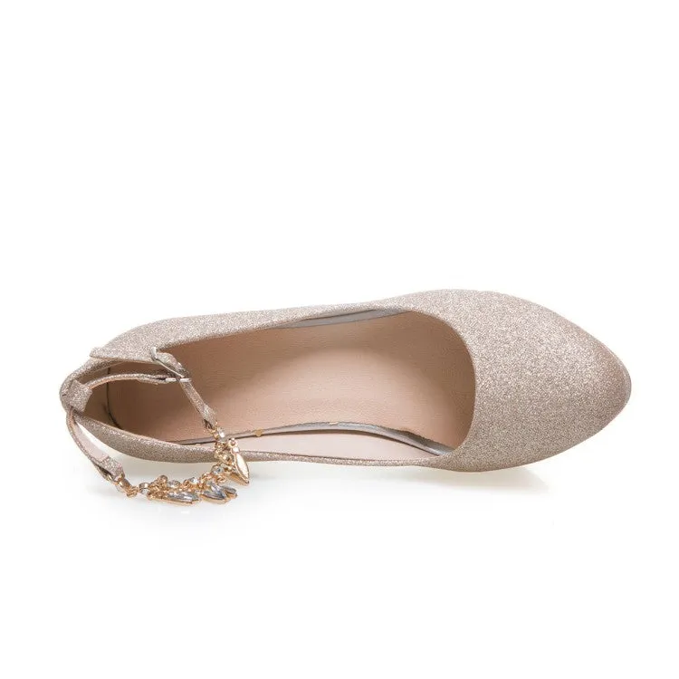 Women's Rhinestones Sequins Tassel Ankle Strap Block Heel Platform Wedding Pumps
