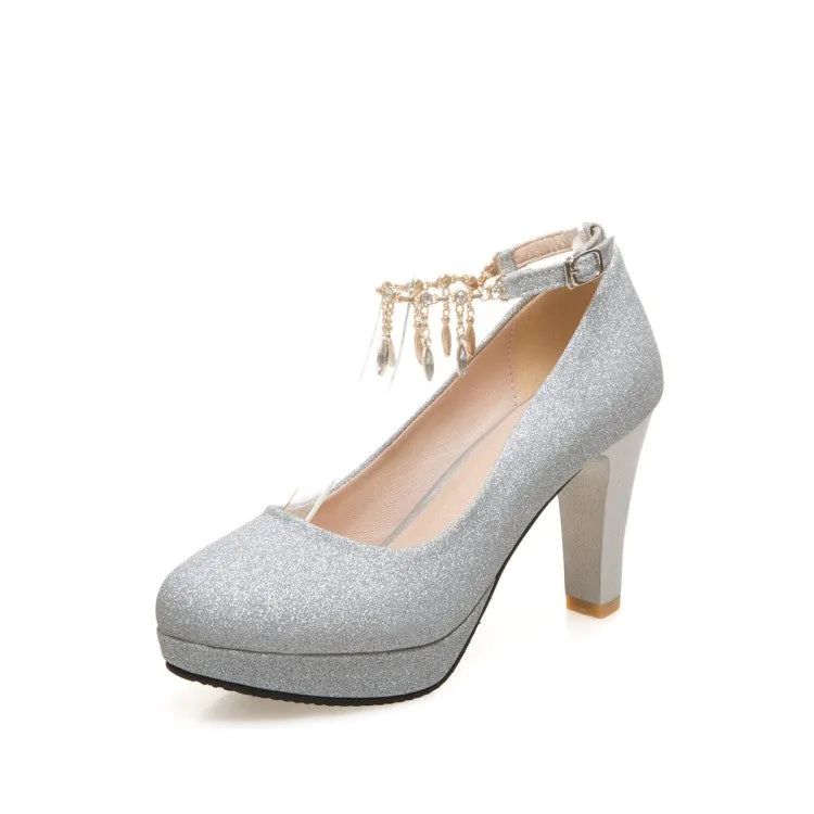 Women's Rhinestones Sequins Tassel Ankle Strap Block Heel Platform Wedding Pumps