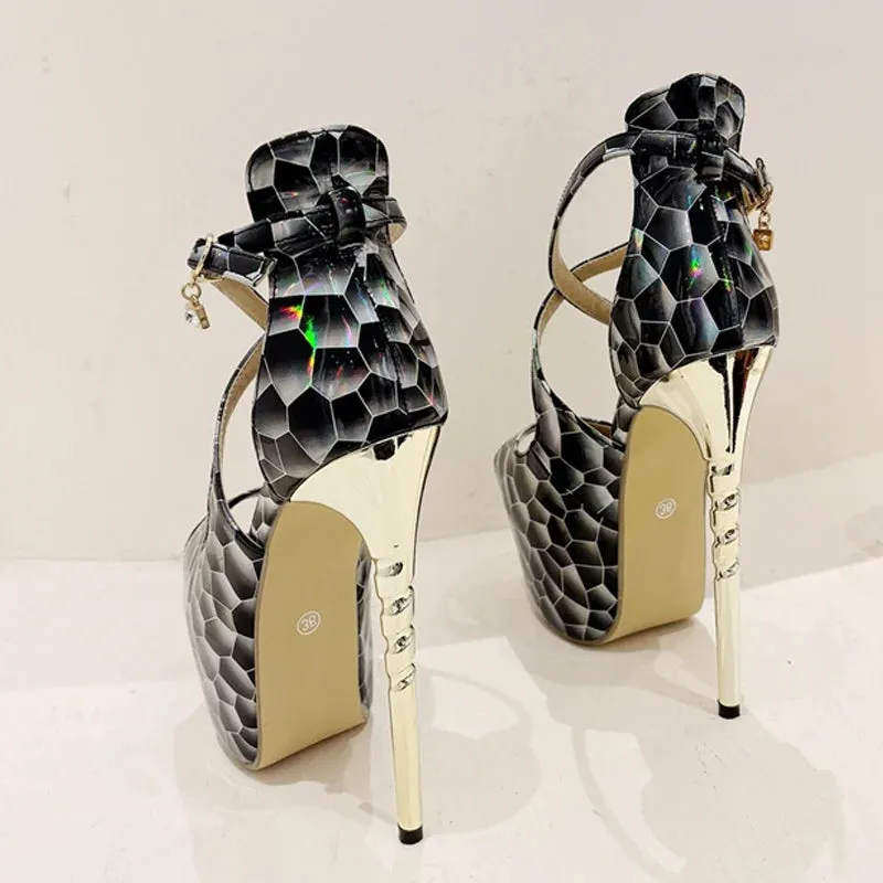 Women's Snake Print Peep Toe High Heels Platform Sandals