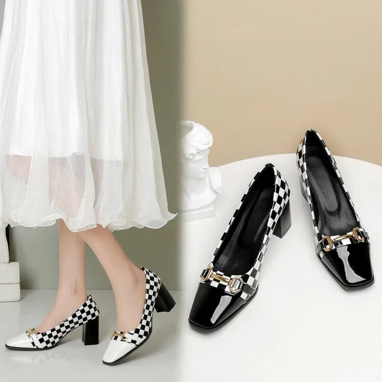 Women's Square Toe Bicolor Shallow Block Heel Pumps