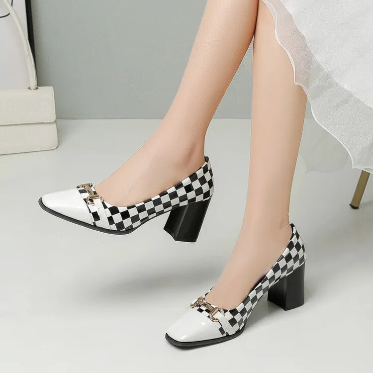 Women's Square Toe Bicolor Shallow Block Heel Pumps