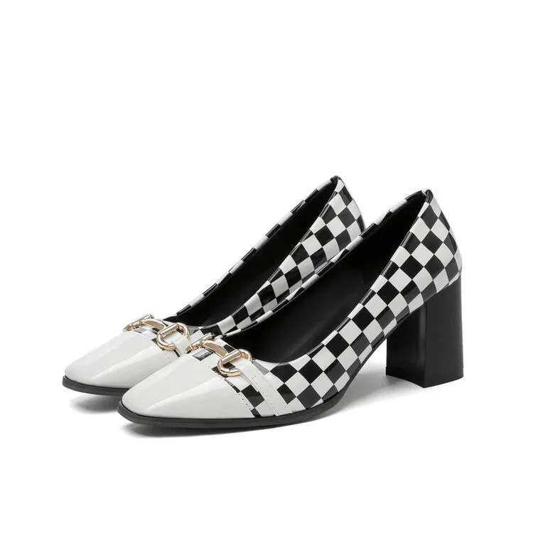 Women's Square Toe Bicolor Shallow Block Heel Pumps