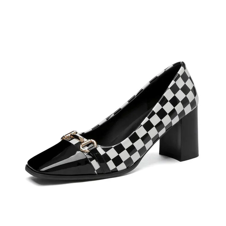 Women's Square Toe Bicolor Shallow Block Heel Pumps