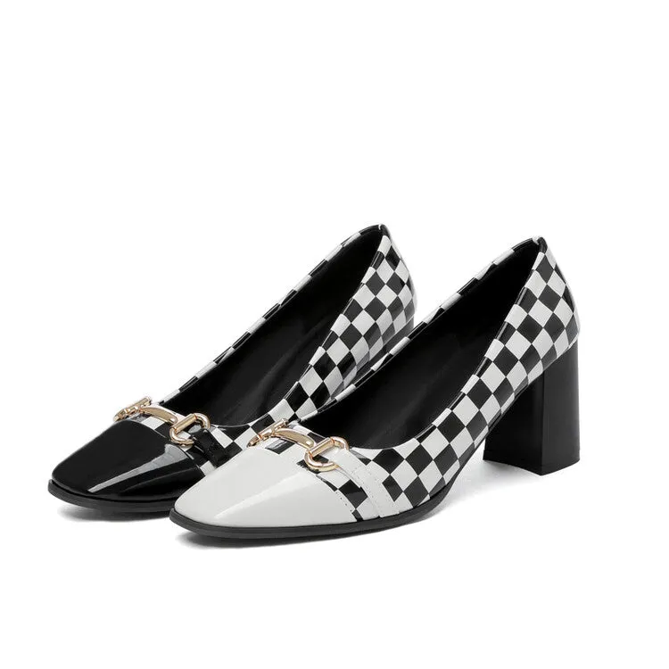 Women's Square Toe Bicolor Shallow Block Heel Pumps