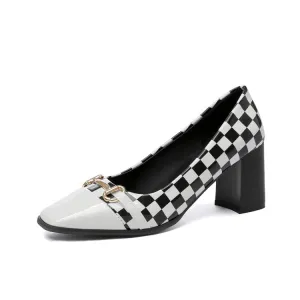 Women's Square Toe Bicolor Shallow Block Heel Pumps