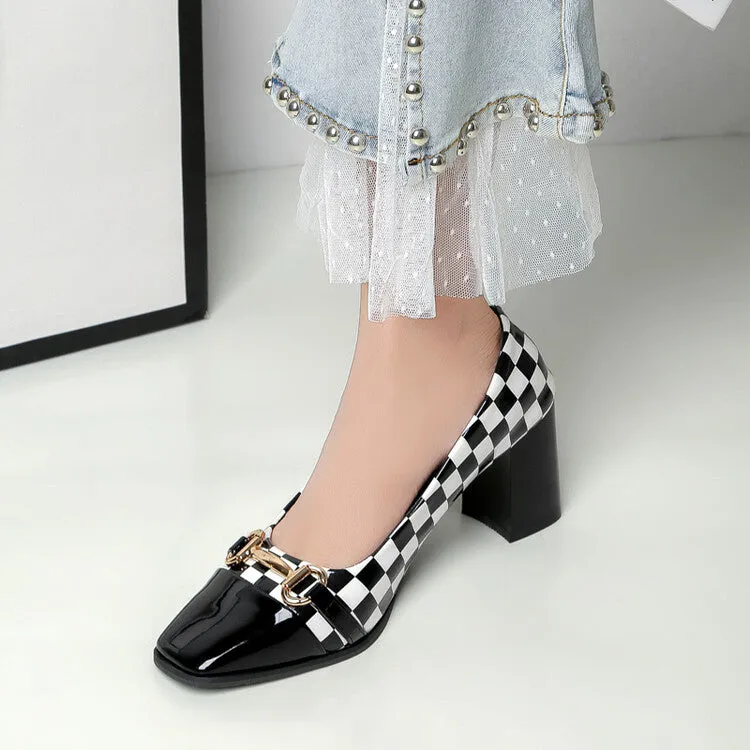 Women's Square Toe Bicolor Shallow Block Heel Pumps