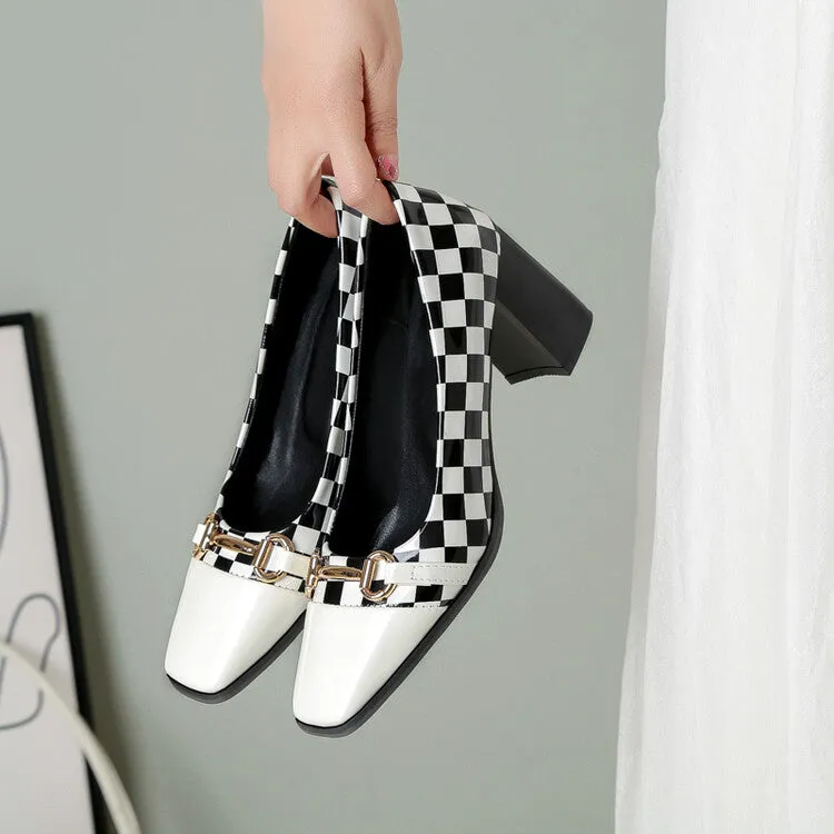 Women's Square Toe Bicolor Shallow Block Heel Pumps