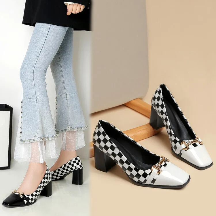 Women's Square Toe Bicolor Shallow Block Heel Pumps