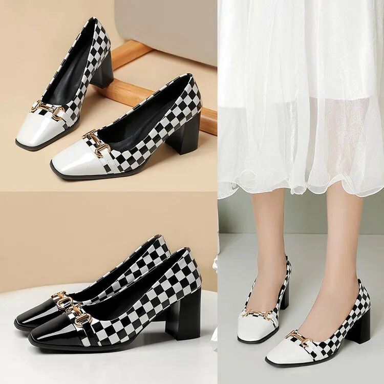 Women's Square Toe Bicolor Shallow Block Heel Pumps