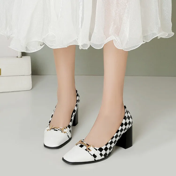 Women's Square Toe Bicolor Shallow Block Heel Pumps