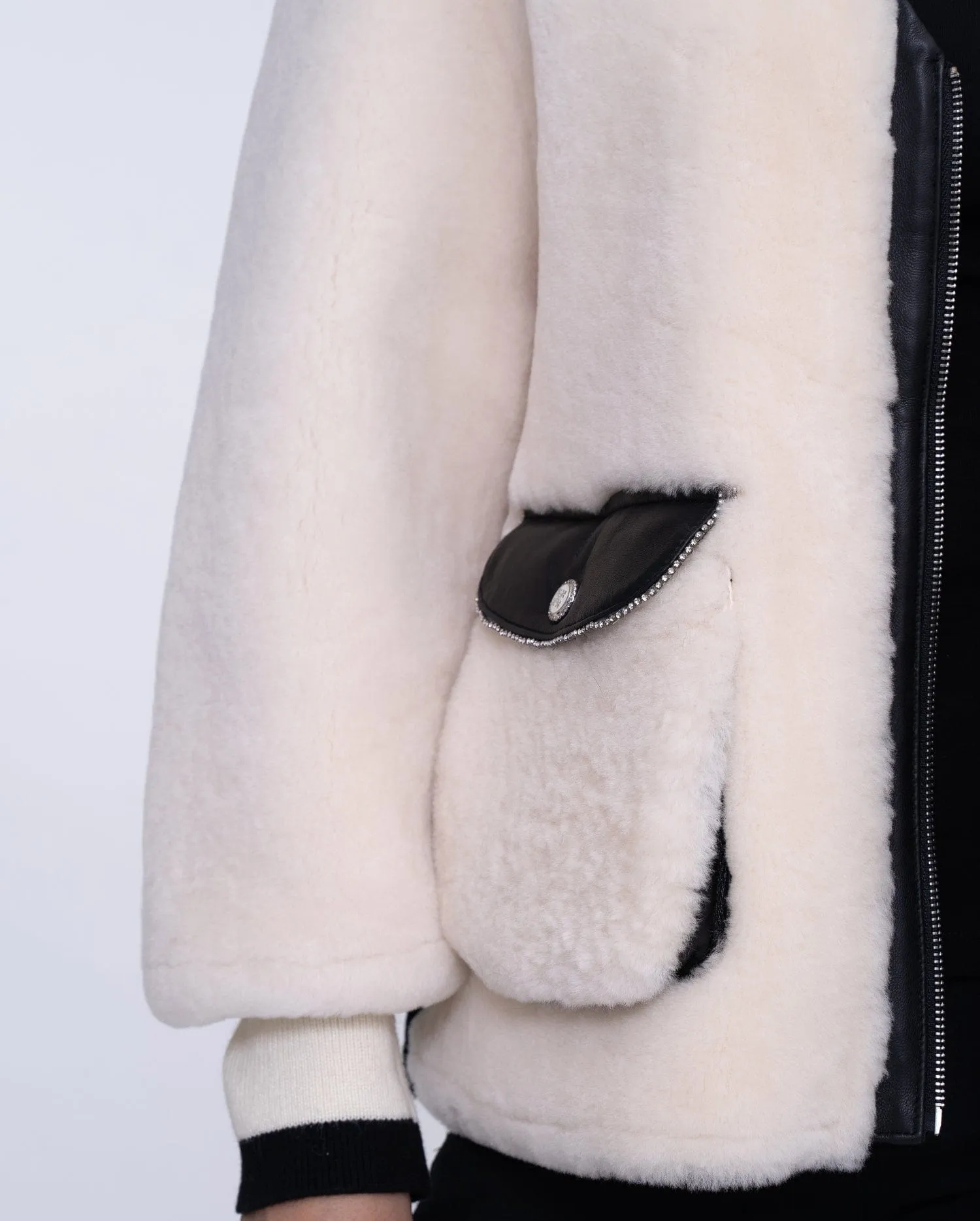 Womens White Lambwool Leather Shearling Coat with Fox Fur