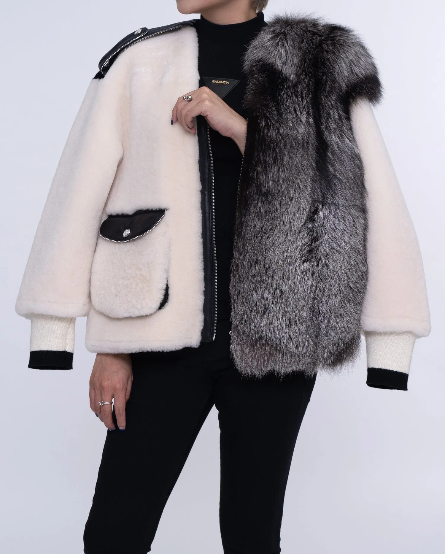 Womens White Lambwool Leather Shearling Coat with Fox Fur