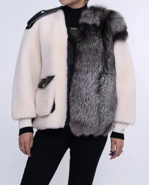 Womens White Lambwool Leather Shearling Coat with Fox Fur