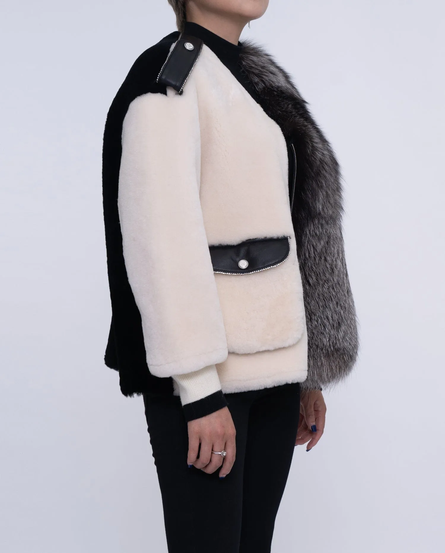 Womens White Lambwool Leather Shearling Coat with Fox Fur