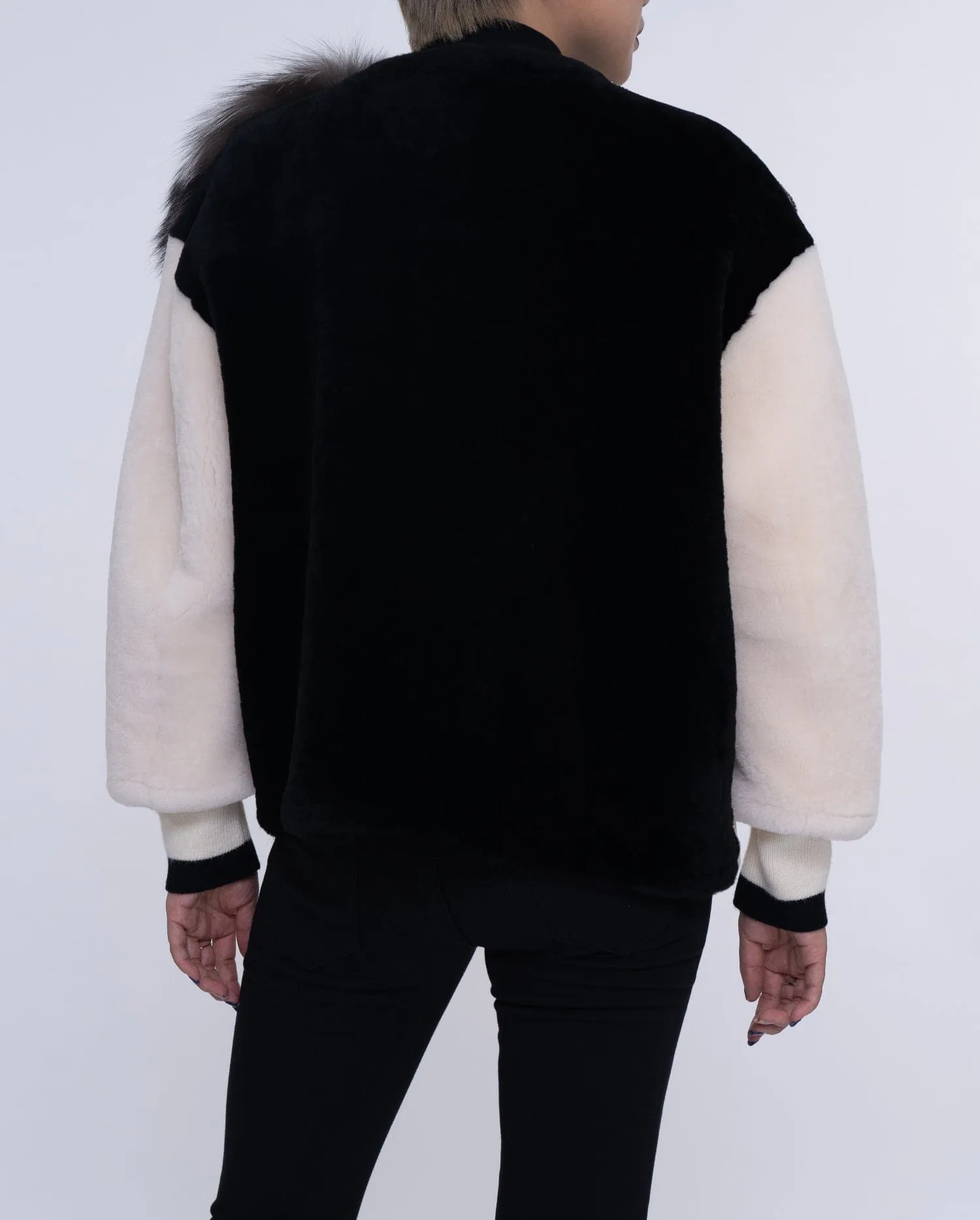 Womens White Lambwool Leather Shearling Coat with Fox Fur