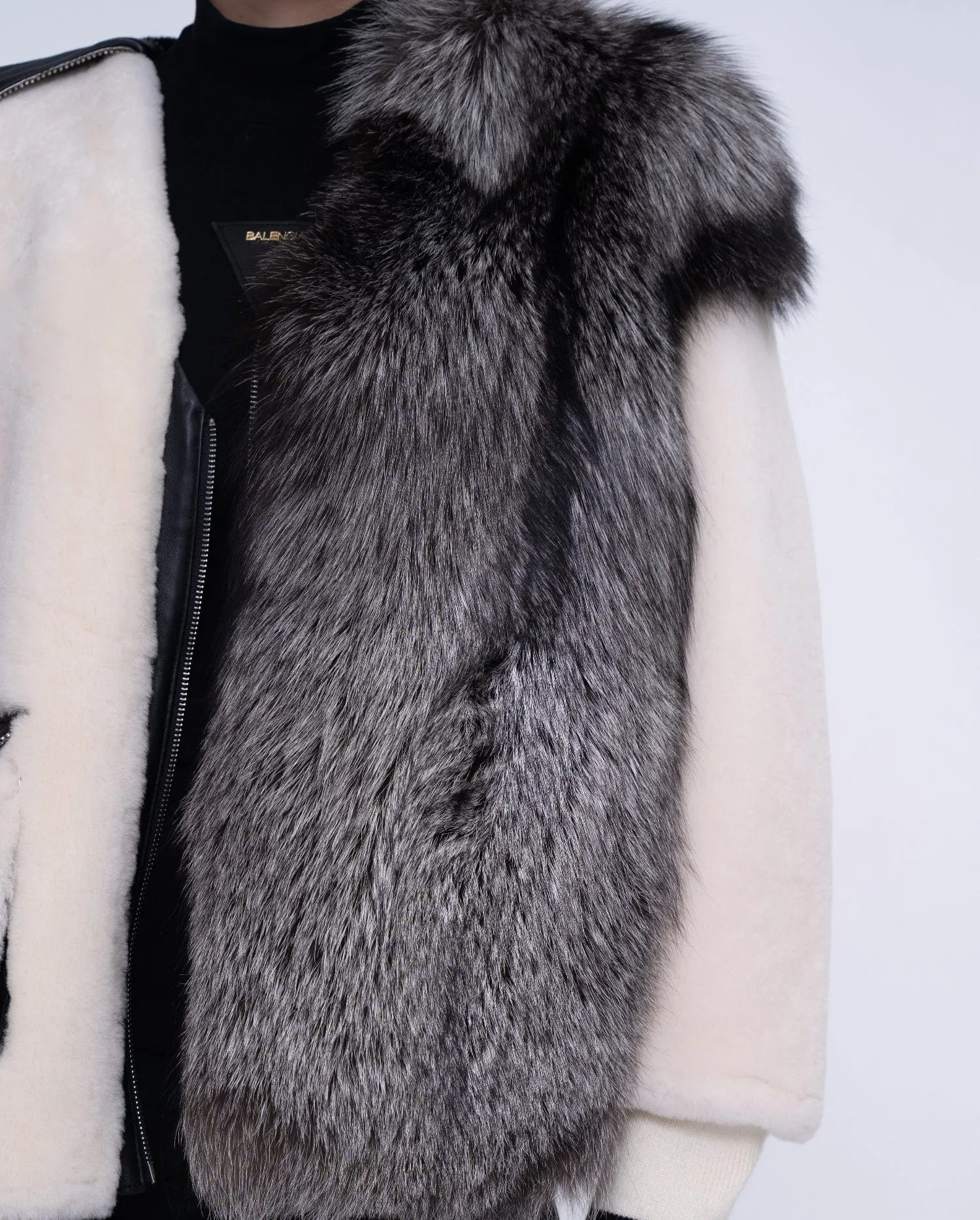 Womens White Lambwool Leather Shearling Coat with Fox Fur