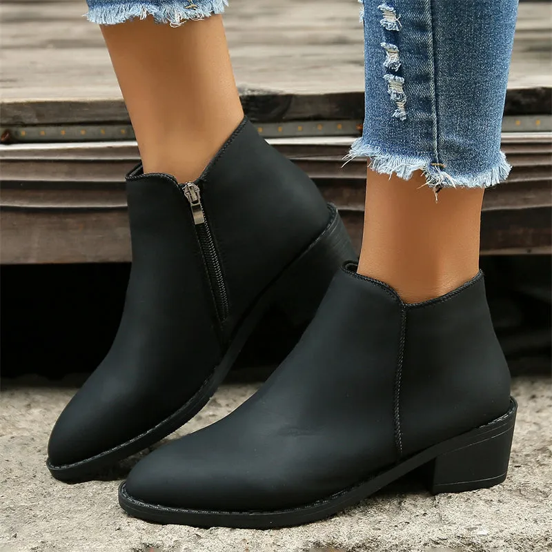Women's Winter Classic Side Zipper Block Heels Martin Boots