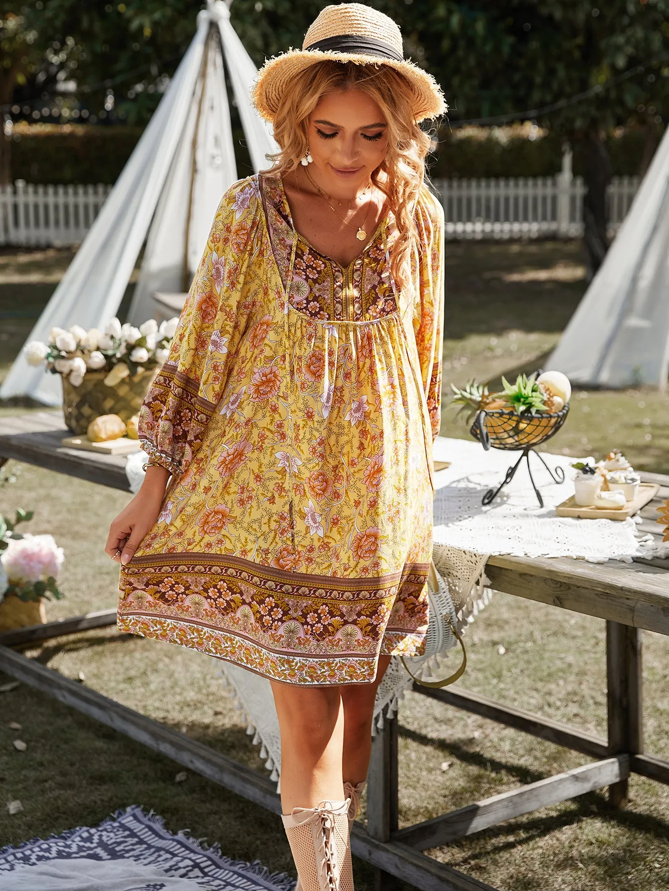 Yellow Printed A-Line Dress